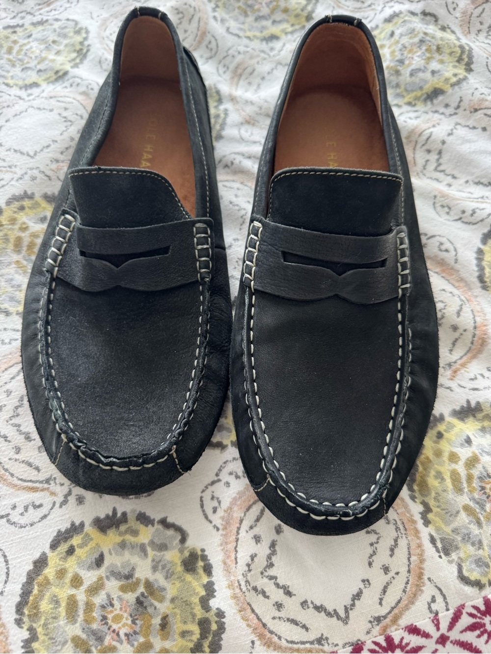 Cole Haan Black Suede Penny Loafers with White Contrast Stitching